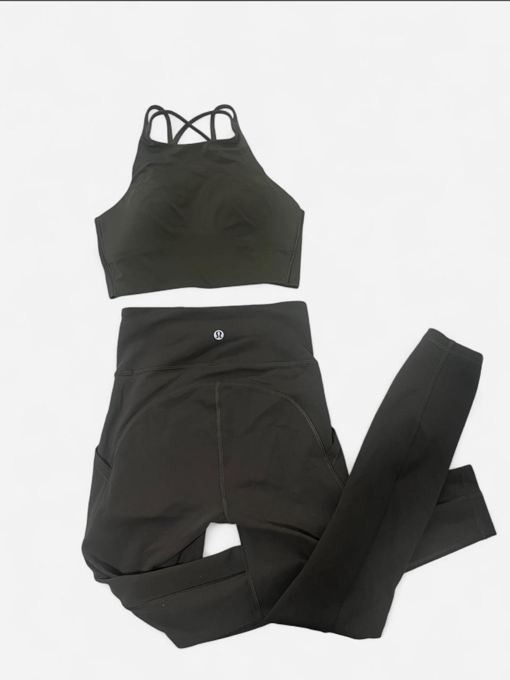 lululemon athletica Dark Olive Green High-Rise Leggings & Strappy Sports Bra Set